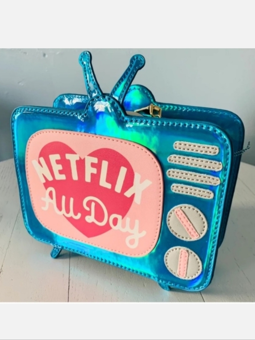 Blue Holographic 'Netflix All Day' Retro TV Crossbody Bag